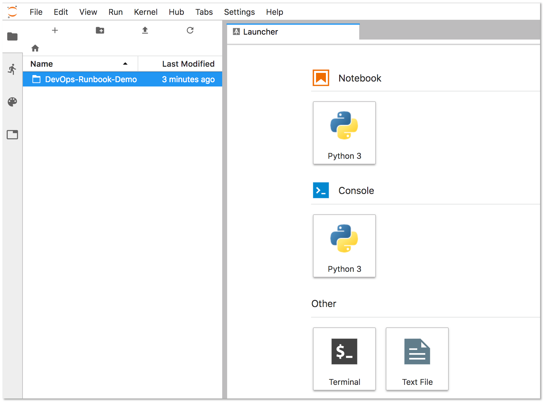 JupyterHub Launcher showing the DevOps-Runbook-Demo folder in the file browser.